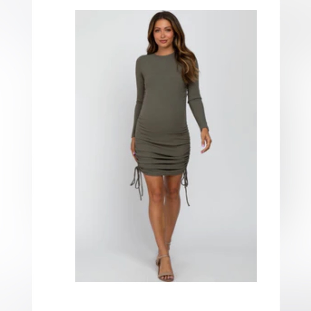 PinkBlush Olive Ribbed Side Tie Maternity Fitted Dress